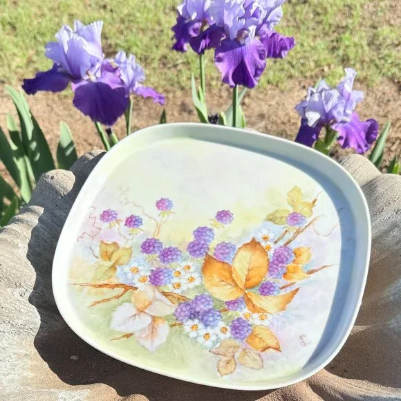 OOAK Hand painted signed Porcelain tray with blackberries vintage - Picture 2 of 10